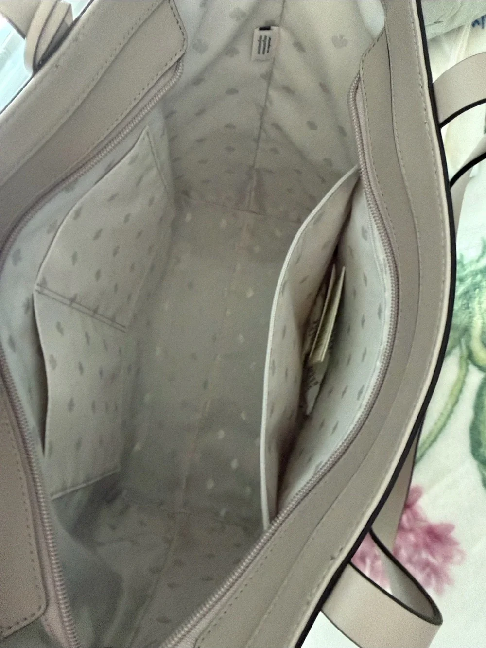 kate spade taupe leather tote with floral charm